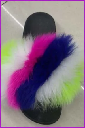 { Ready Stock } Colorful Mixed Fox Full-Pelt Fur Sliders F014