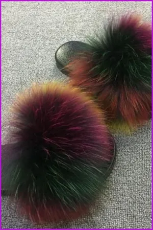 { Ready Stock } Super Fluffy Mixed Colorful Raccoon Full-Pelt Fur Sliders F136