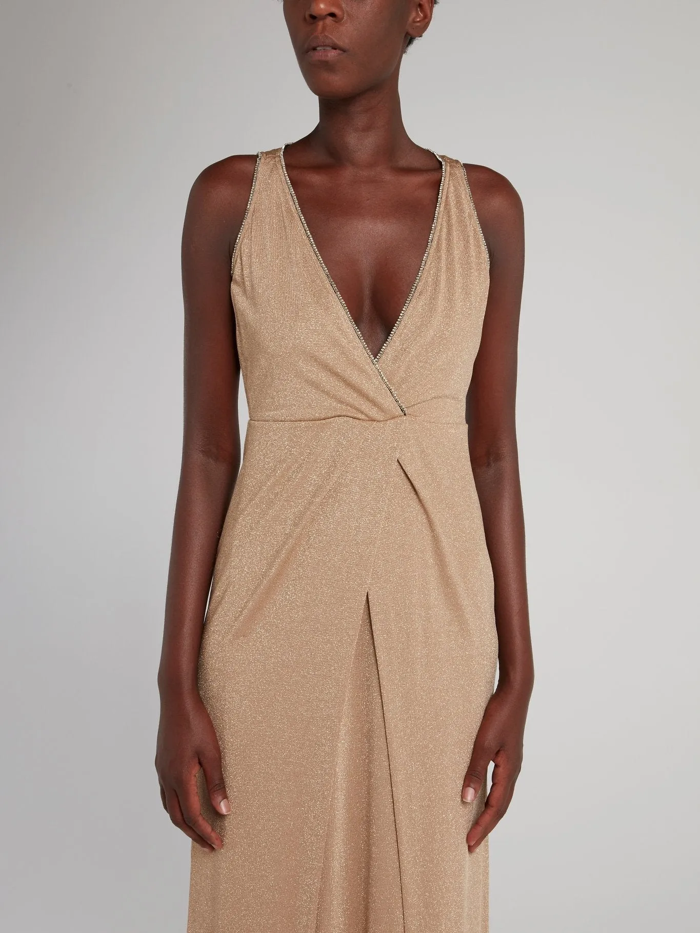 Beige Glitter Slit Maxi Dress