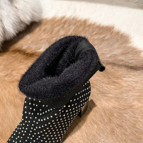 binfenxie-Rhinetone Decor Knit Chunky Heeled Ankle Boots