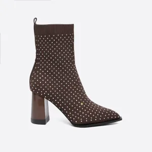 binfenxie-Rhinetone Decor Knit Chunky Heeled Ankle Boots