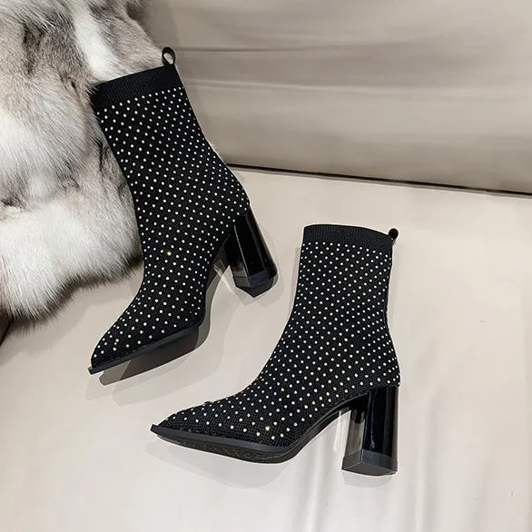 binfenxie-Rhinetone Decor Knit Chunky Heeled Ankle Boots