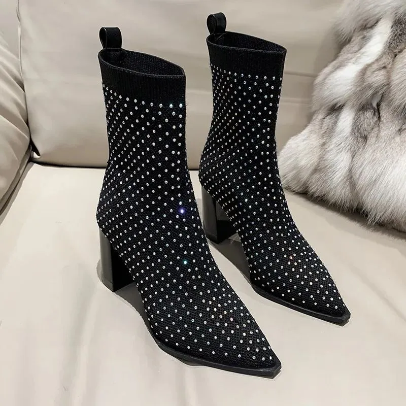 binfenxie-Rhinetone Decor Knit Chunky Heeled Ankle Boots