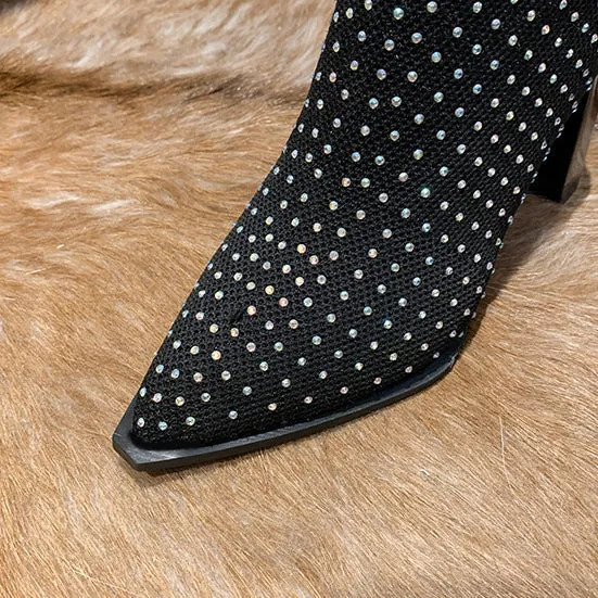 binfenxie-Rhinetone Decor Knit Chunky Heeled Ankle Boots