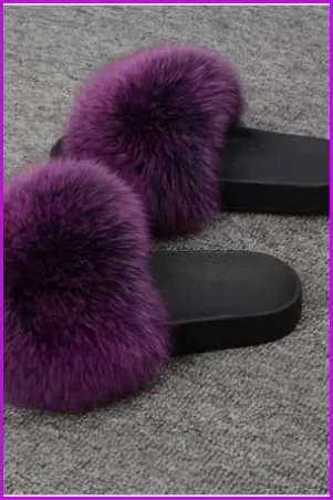 Black Mixed Purple Fox Full-Pelt Fur Sliders DF003