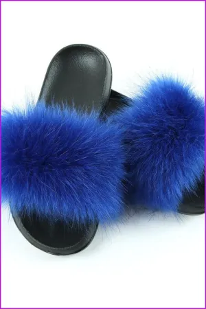 Blue Faux Fake Big Fur Slides F152