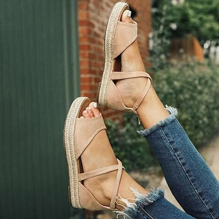 Chicvane Criss Cross Straps Espadrille Shoes with Zipper Platform Sandals