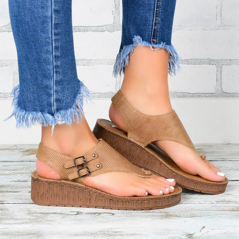 Chicvane Hollow Out Buckle Closure Platform Sandals Flip Flops