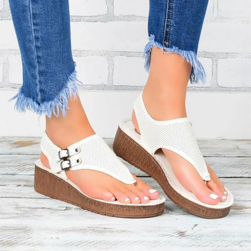 Chicvane Hollow Out Buckle Closure Platform Sandals Flip Flops