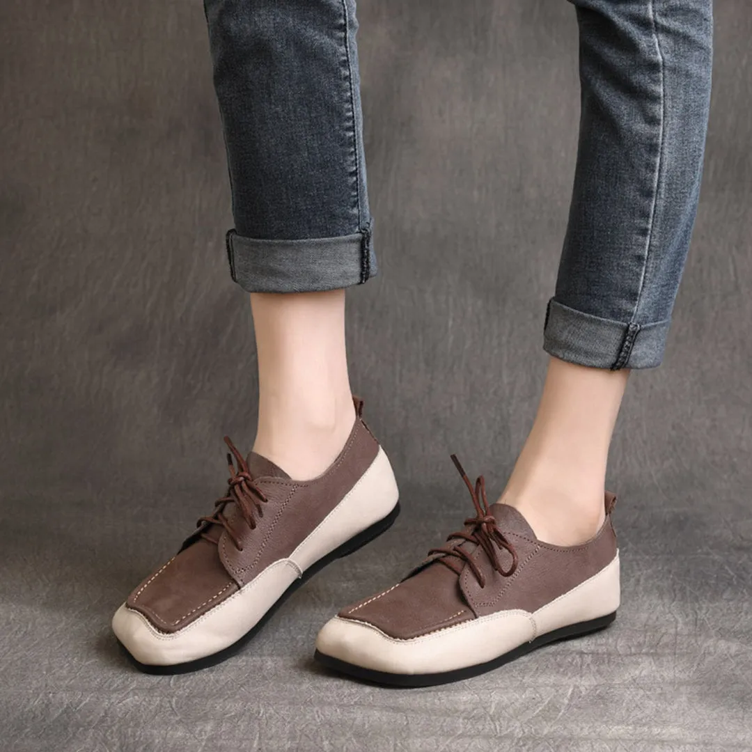 Color Block Square Toe Lace Up Flat Shoes