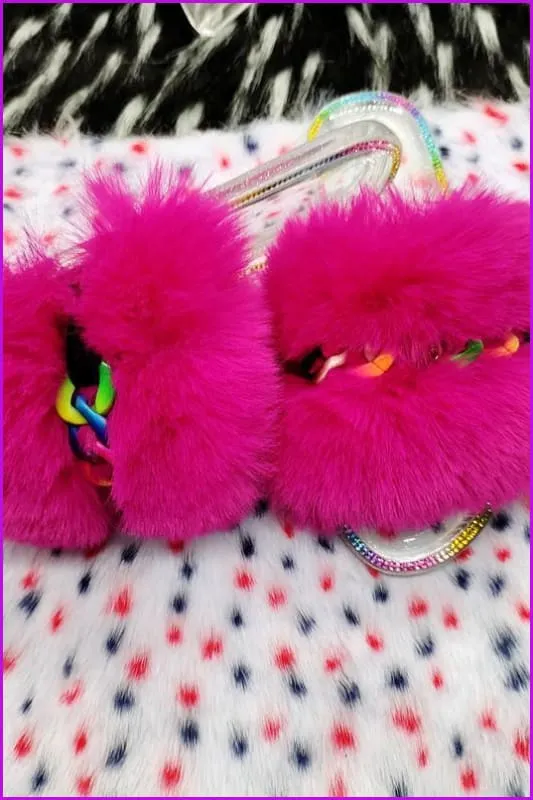 Colorful Chain Crystal Plush Furry Fur Slides F1900