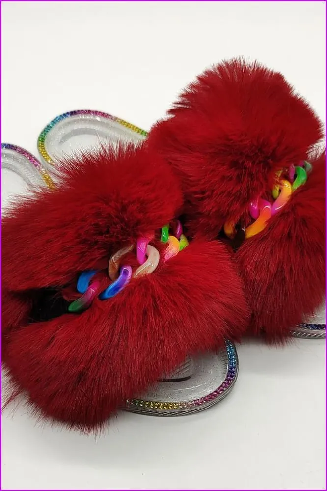 Colorful Chain Crystal Plush Furry Fur Slides F1900