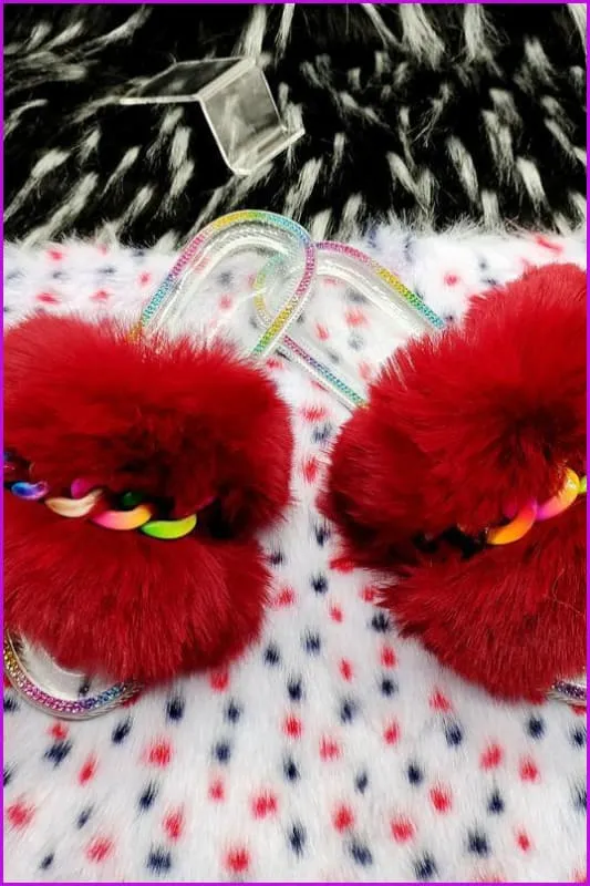 Colorful Chain Crystal Plush Furry Fur Slides F1900