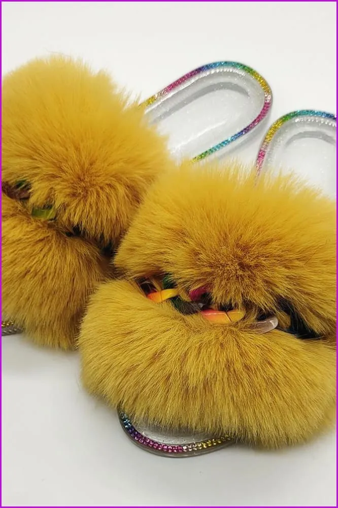 Colorful Chain Crystal Plush Furry Fur Slides F1900