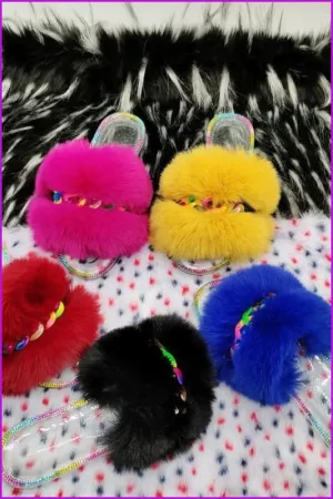 Colorful Chain Crystal Plush Furry Fur Slides F1900