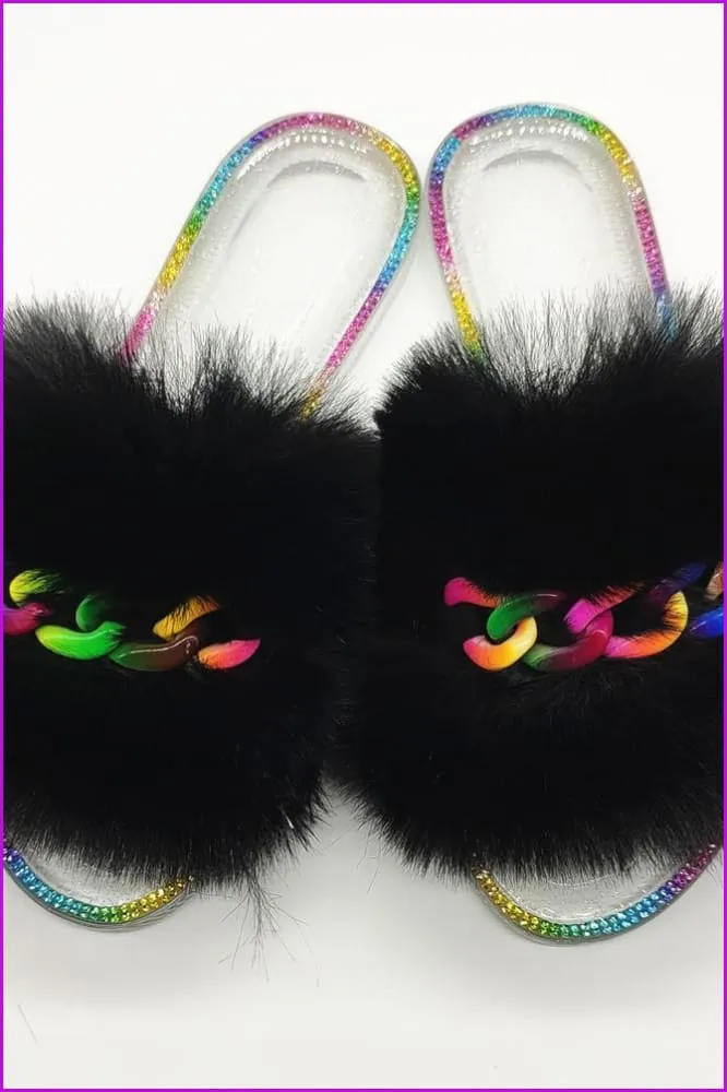 Colorful Chain Crystal Plush Furry Fur Slides F1900