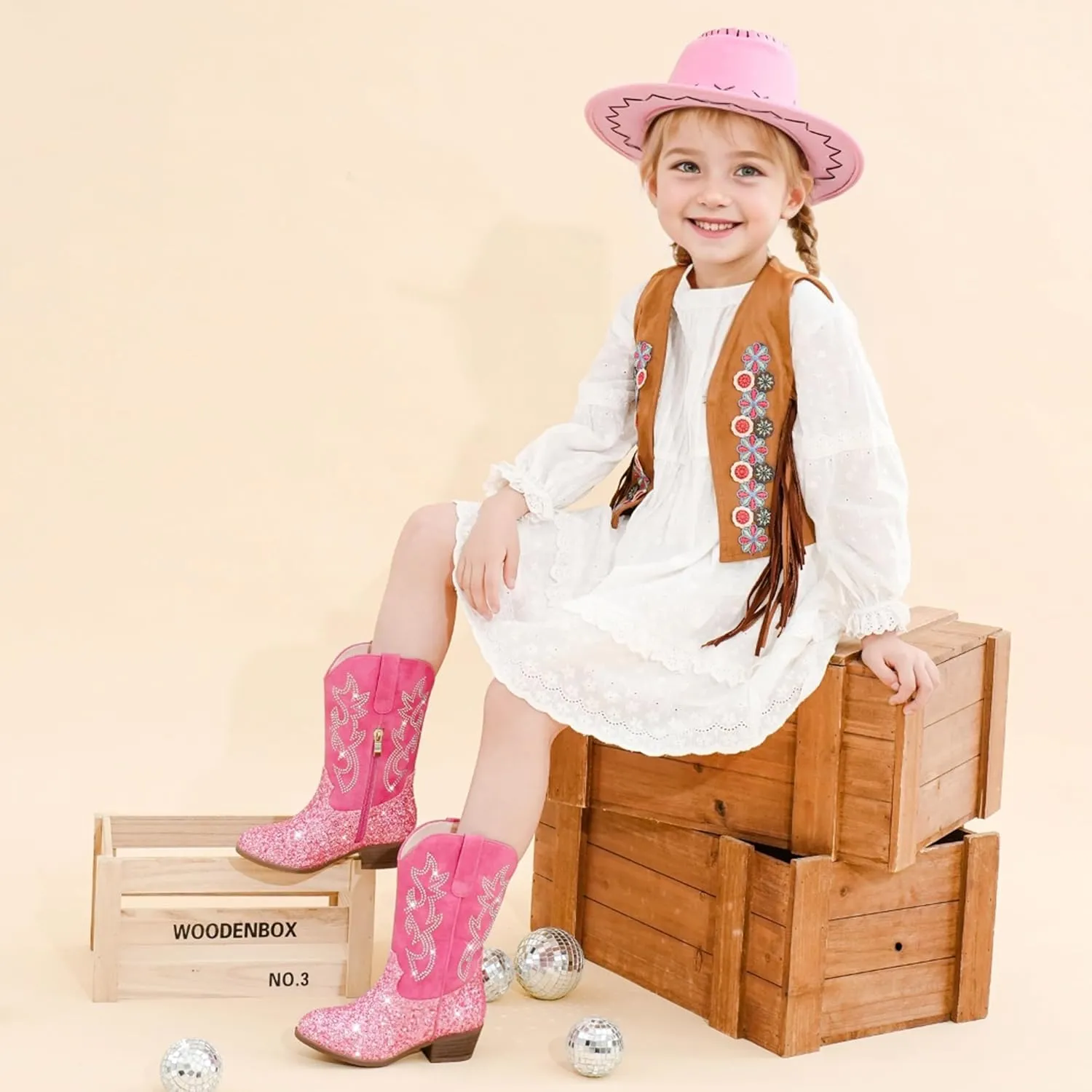 Cowboy Boots for Girls Pointed Toe Kids Cowgirl Boots Mid Calf Western Youth Cowgirl Boots Horse Riding Party for Toddler Little Big Kids