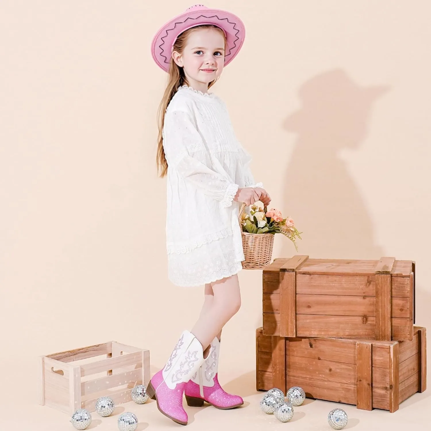 Cowboy Boots for Girls Pointed Toe Kids Cowgirl Boots Mid Calf Western Youth Cowgirl Boots Horse Riding Party for Toddler Little Big Kids