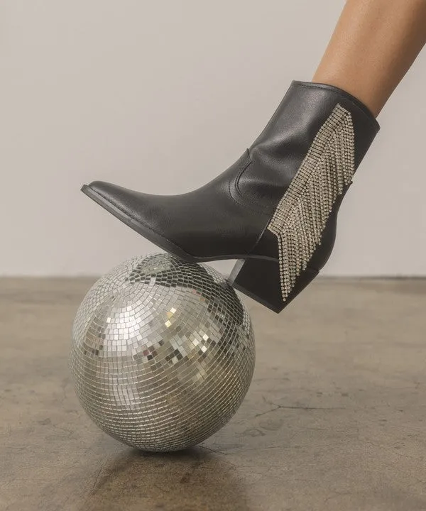 Crystal Fringe Black Bootie