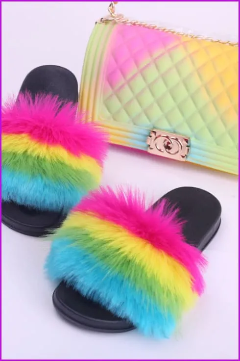 Faux Fake Fur Slides #1 & Candy Bag Set D