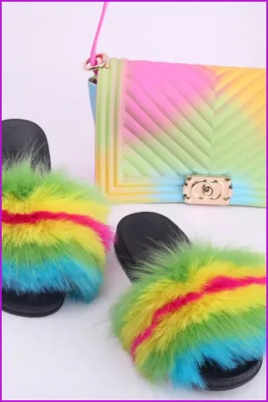Faux Fake Fur Slides #4 & Candy Bag Set J