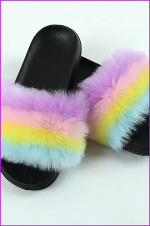 Faux Fake Purple Pink Yellow Blue Fur Slides #3 F153