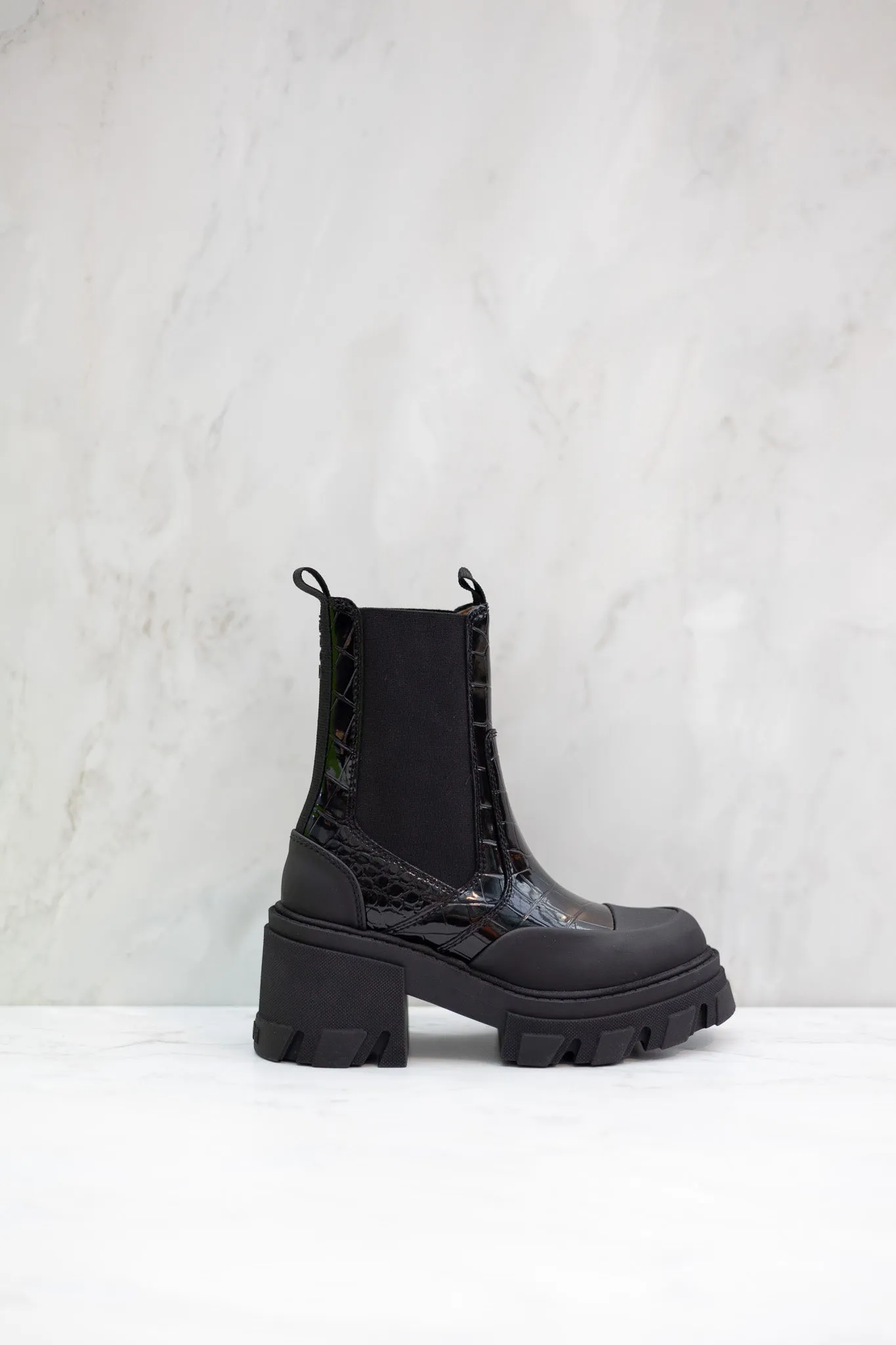 GANNI Cleated Heeled Mid Chelsea Boot Patent Croco
