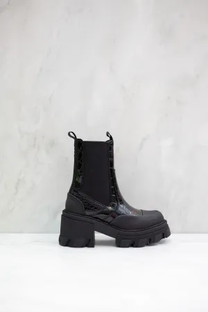 GANNI Cleated Heeled Mid Chelsea Boot Patent Croco