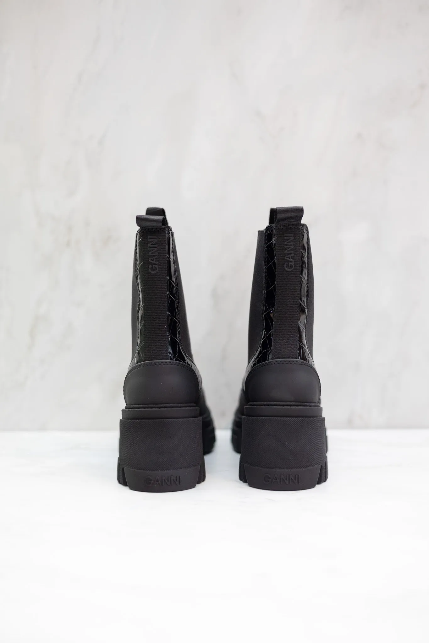 GANNI Cleated Heeled Mid Chelsea Boot Patent Croco