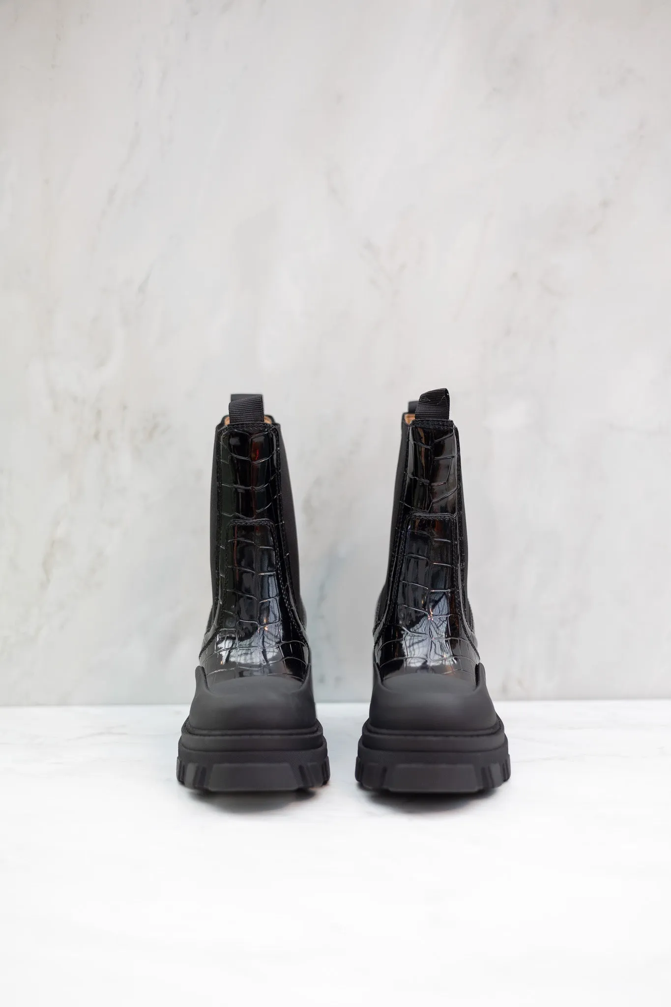GANNI Cleated Heeled Mid Chelsea Boot Patent Croco
