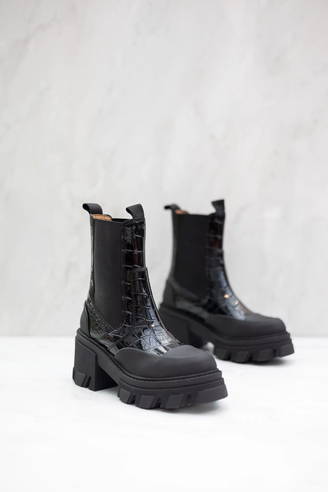 GANNI Cleated Heeled Mid Chelsea Boot Patent Croco