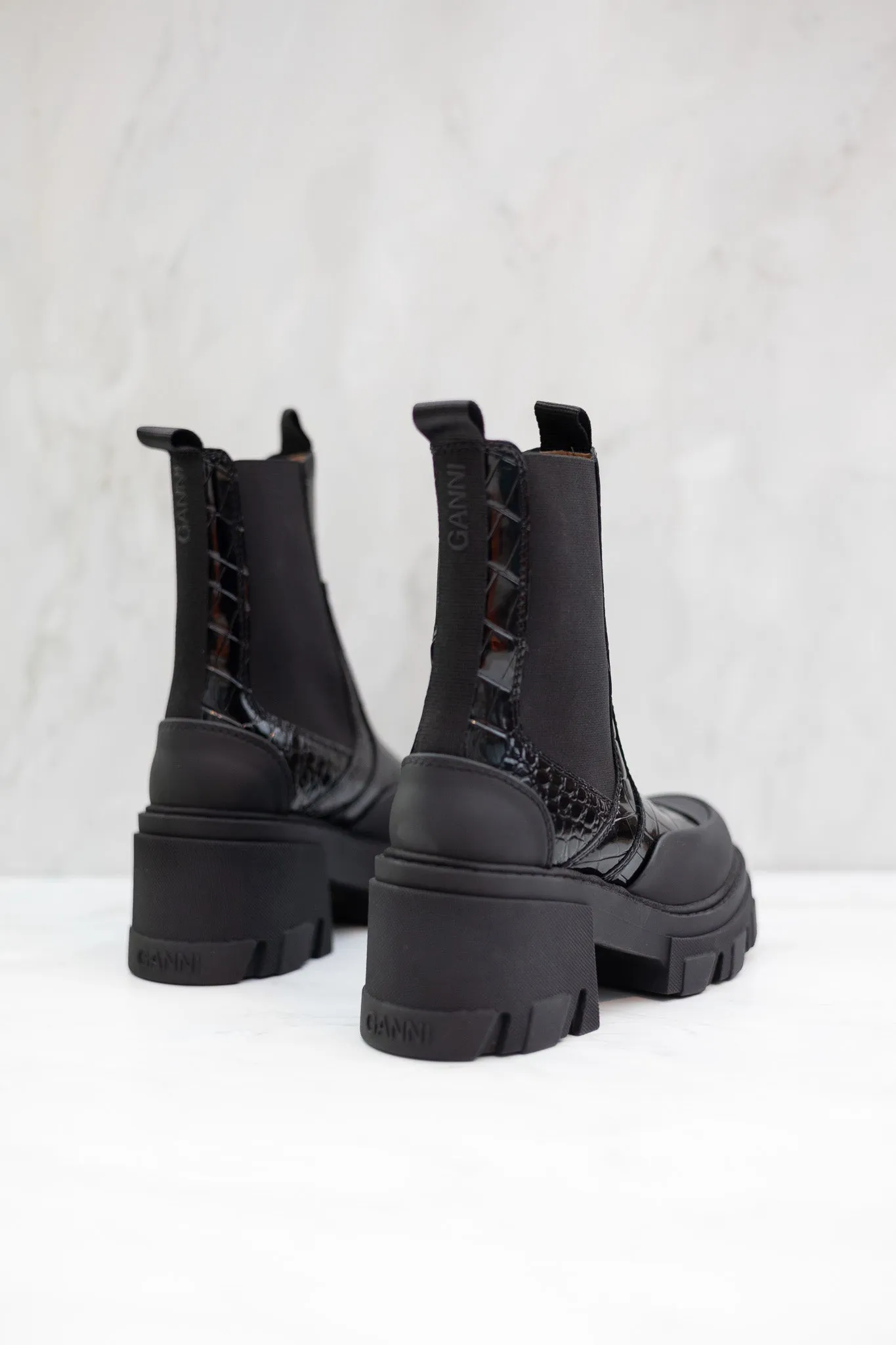 GANNI Cleated Heeled Mid Chelsea Boot Patent Croco