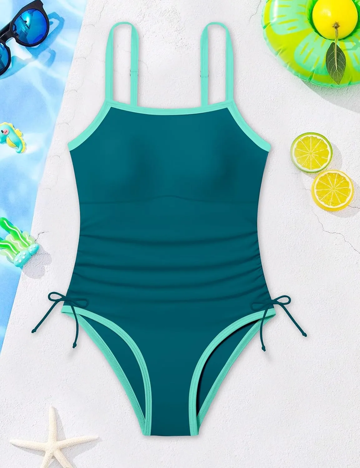 Girls Swimsuit One Piece Bathing Suit Color Block Strap Swimwear Drawstring Swimsuits for Teens 9-16Y with Padded