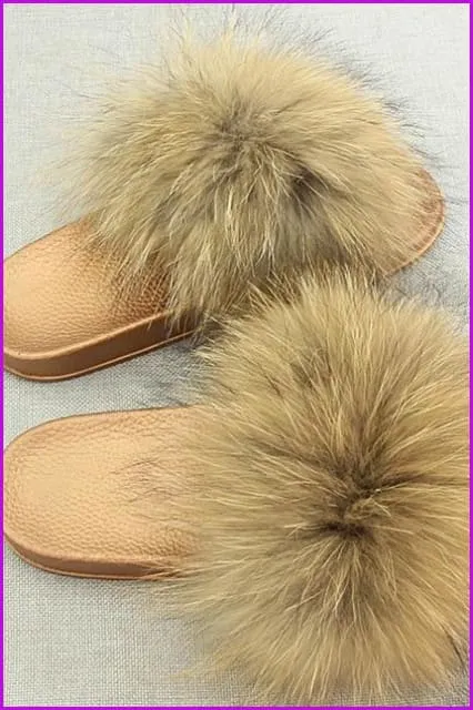 Golden PVC Sole Fox Fur Slides F007 Page 1