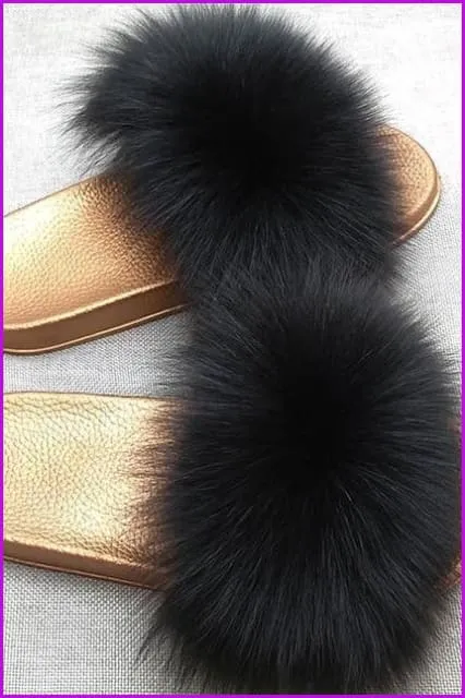 Golden PVC Sole Fox Fur Slides F007 Page 1