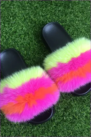 Hot Pink Orange Green Fox Fur Sliders DF003