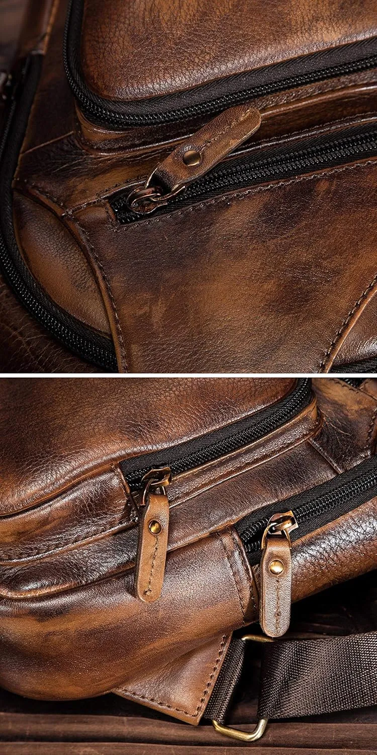 Le'aokuu Men Fashion Casual Tea Designer Travel Hiking Crossbody Chest Sling Bag Rig One Shoulder Strap Bag Men Leather 8015