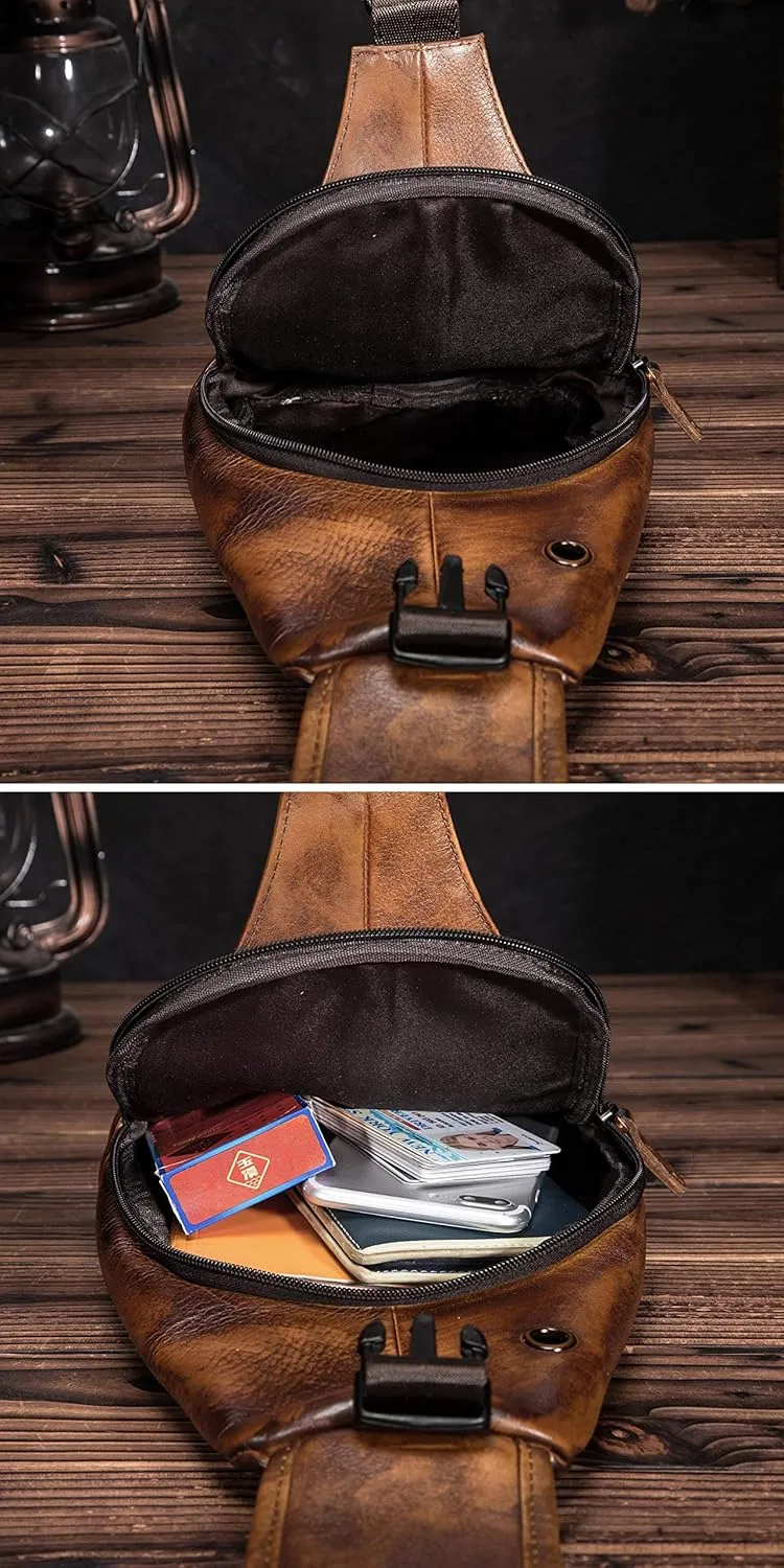 Le'aokuu Men Fashion Casual Tea Designer Travel Hiking Crossbody Chest Sling Bag Rig One Shoulder Strap Bag Men Leather 8015