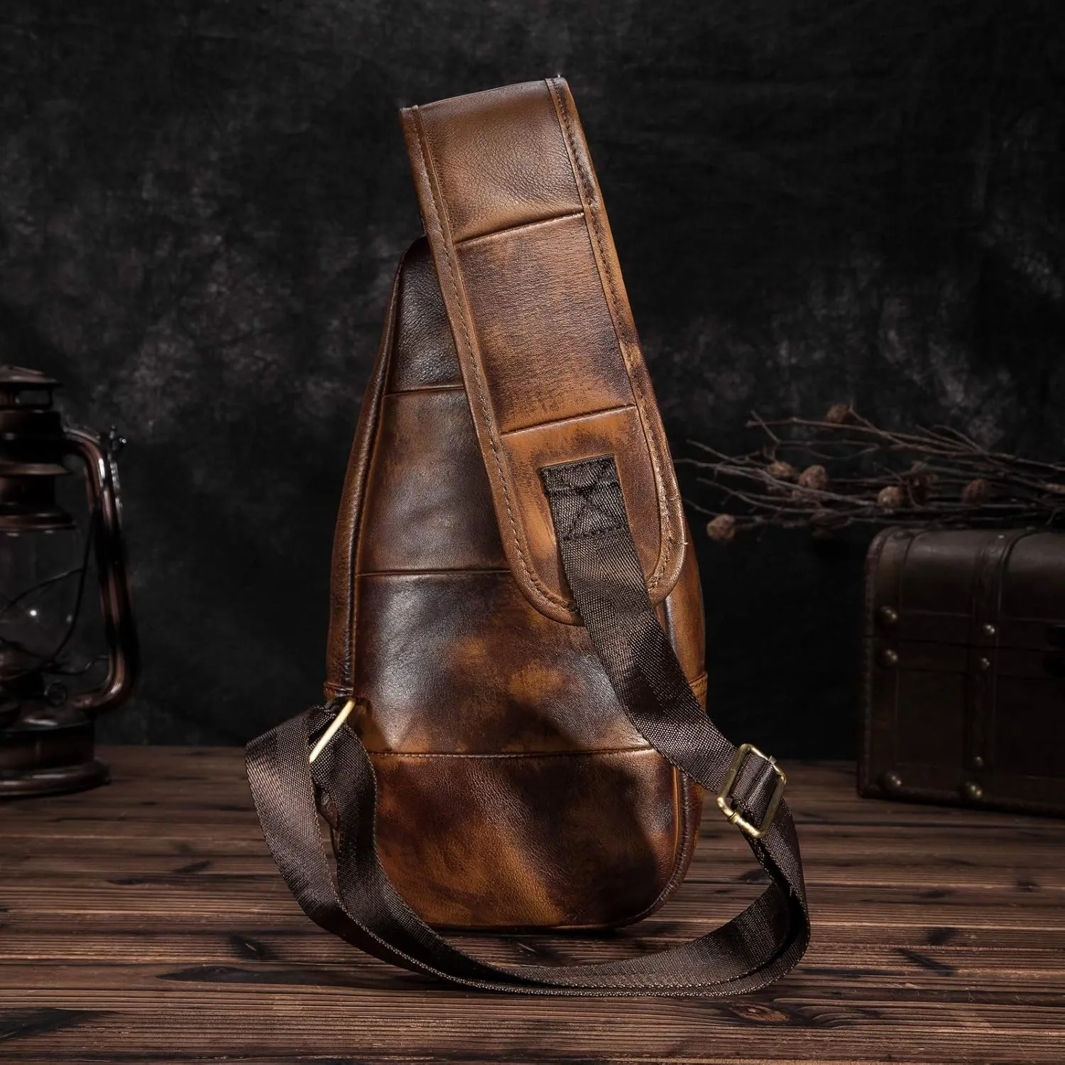 Le'aokuu Men Fashion Casual Tea Designer Travel Hiking Crossbody Chest Sling Bag Rig One Shoulder Strap Bag Men Leather 8015