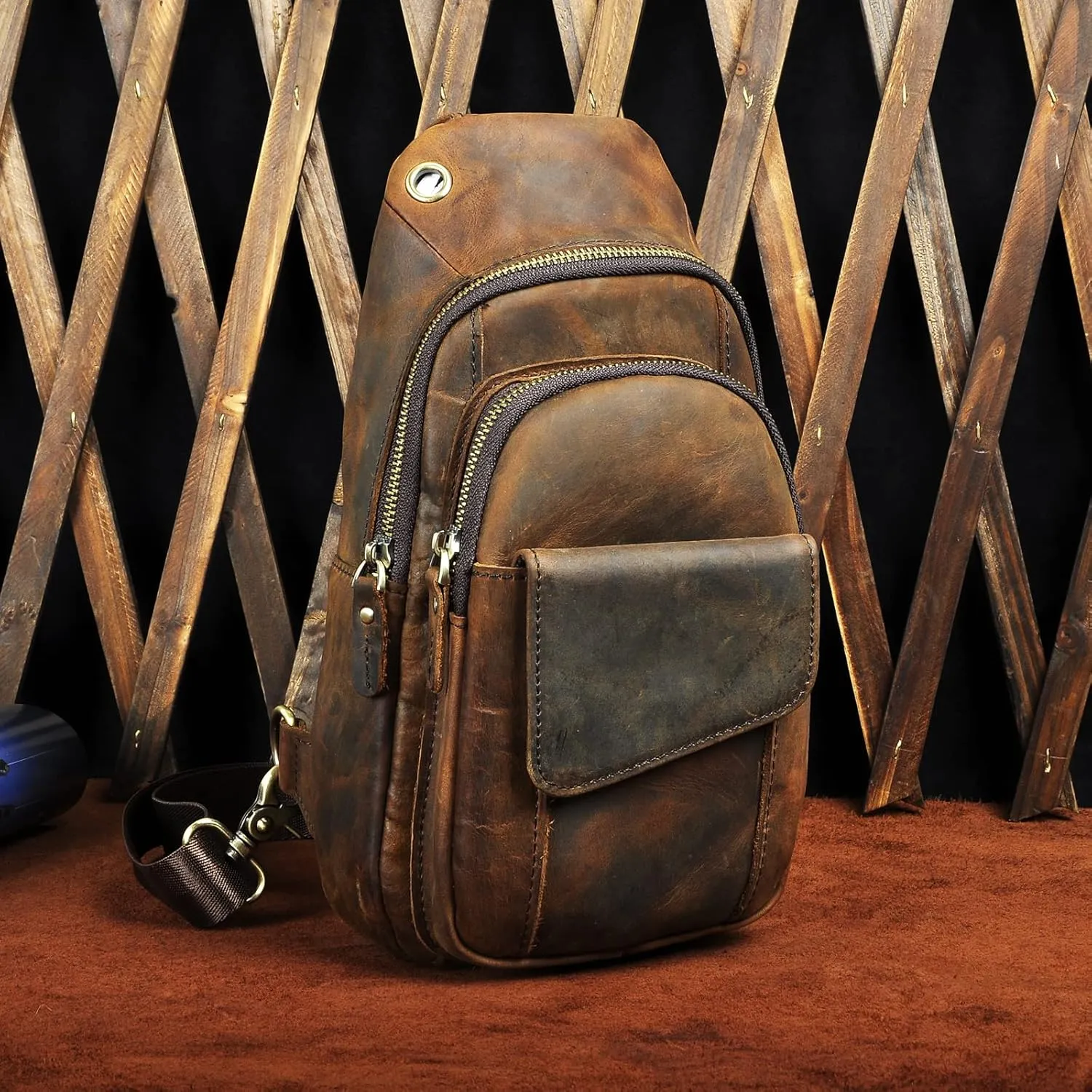 Le'aokuu Men Outdoor Casual Travel Hiking Tea Crossbody Chest Sling Bag Rig One Shoulder Strap Bag Backpack Men Leather