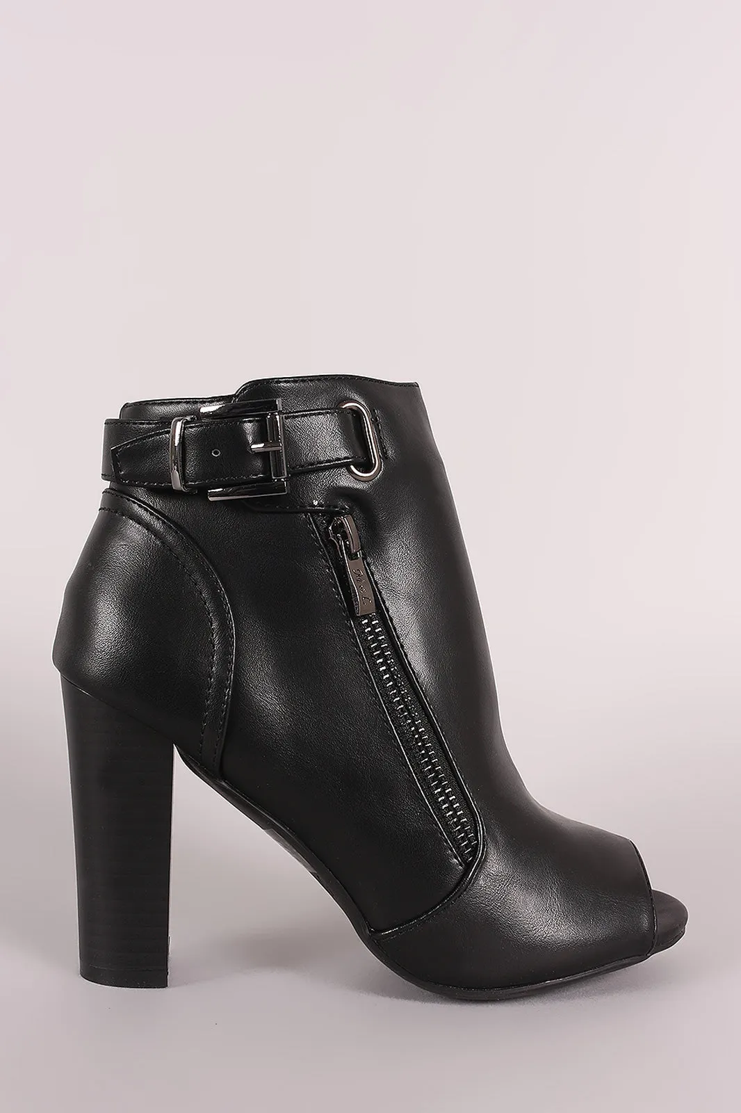 Leather Peep Toe Buckled Zipper Chunky Heeled Ankle Boots