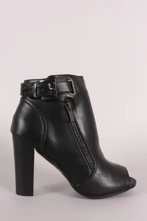 Leather Peep Toe Buckled Zipper Chunky Heeled Ankle Boots