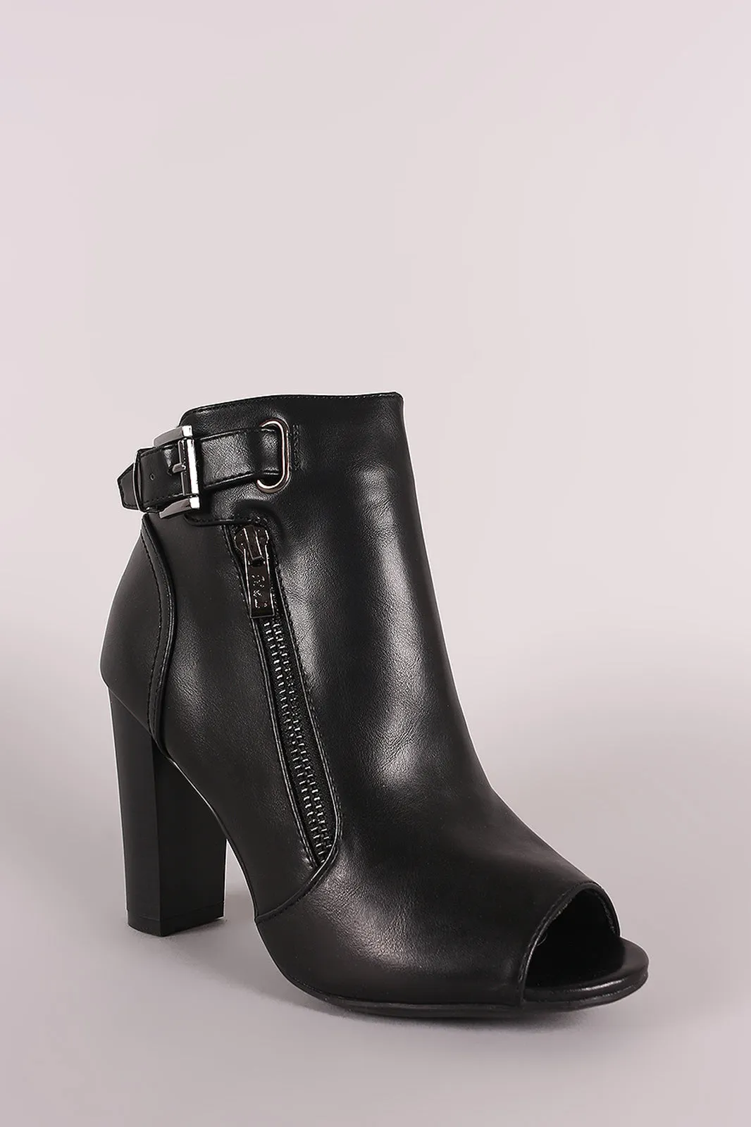 Leather Peep Toe Buckled Zipper Chunky Heeled Ankle Boots