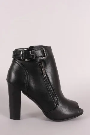 Leather Peep Toe Buckled Zipper Chunky Heeled Ankle Boots