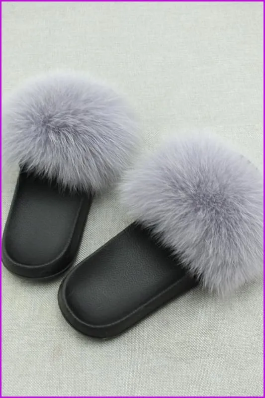 Light Grey Fox Full-Pelt Fur Sliders DF003