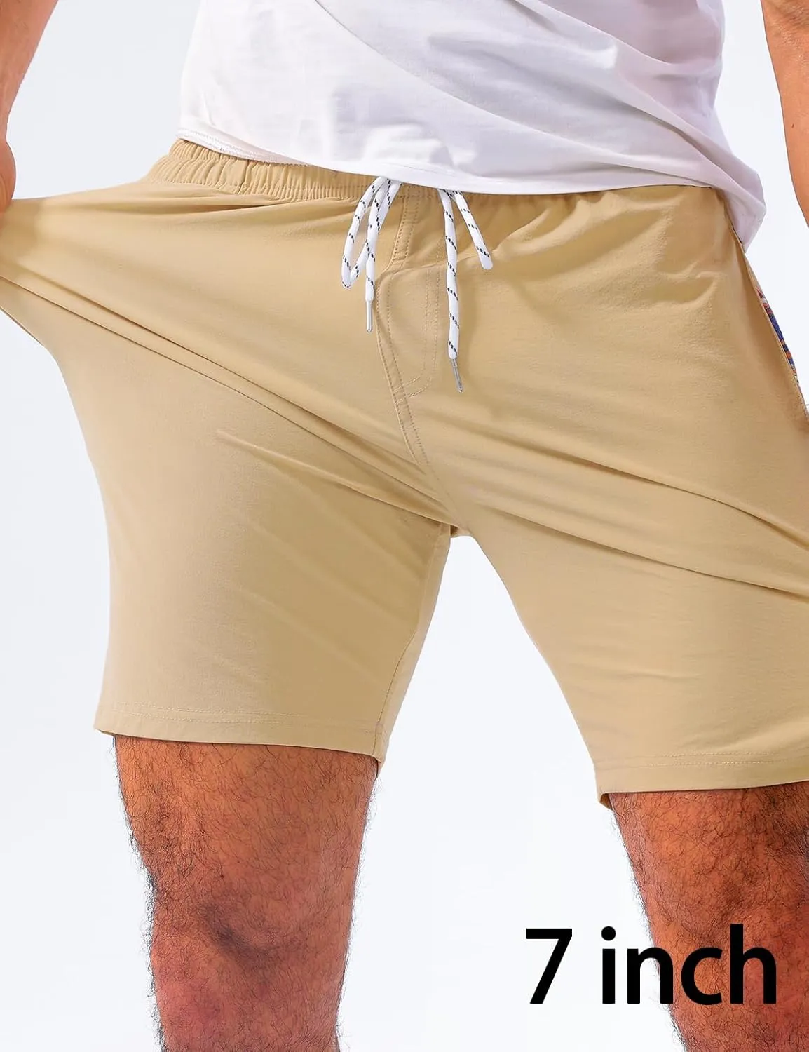 Loopory Mens Casual Shorts-Drawstring Summer Beach Stretch Twill Golf Shorts-Anti-Wrinkle Fabric-5"&7"