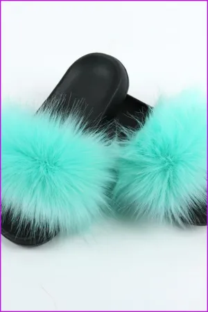 Mint Green Faux Fake Big Fur Slides F152