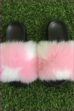 Pink And White Fox Full-Pelt Fur Sliders DF003