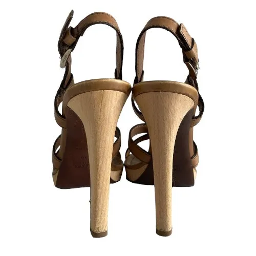 PRADA Camel Brown Leather Strappy Wooden Heel and Platform Sandals, Size 39