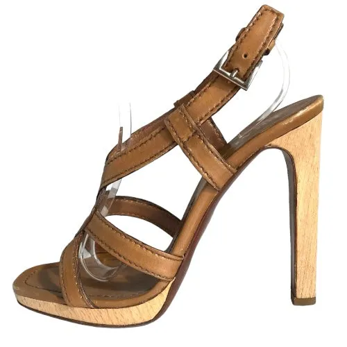 PRADA Camel Brown Leather Strappy Wooden Heel and Platform Sandals, Size 39